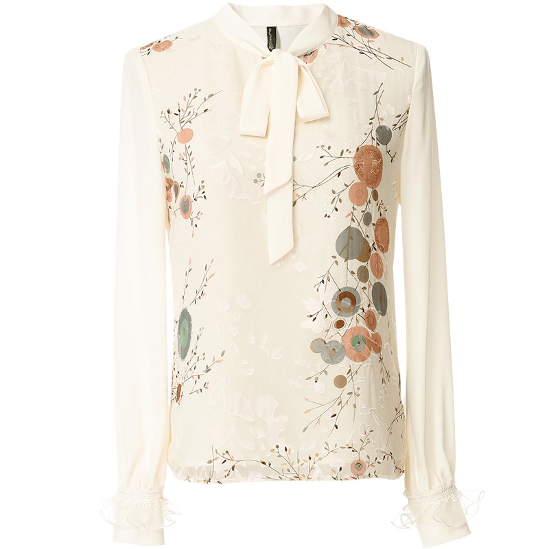 欧昵雪秋装木耳边欧根纱长袖花色蝴蝶结系带套头雪纺衫上衣女