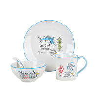 顺祥儿童餐具4件套装新希望卡通陶瓷碗碟健康水杯宝宝吃饭碗盘子