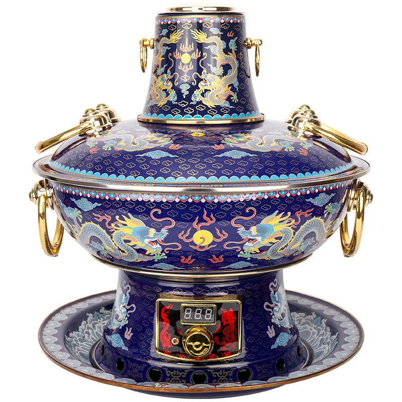 拜杰景泰蓝铜火锅电炭两用加厚纯火锅家用商用多功能小火锅锅具 34CM双龙至尊 清汤款 适合8人以下
