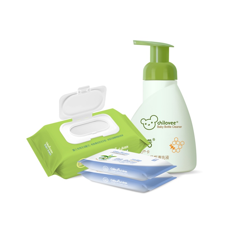 亲诺(chilovee)婴幼儿洁净组合奶瓶清洗液湿巾宝宝用品清洗专用300ml奶瓶清洗液+80抽湿巾*2+10抽湿巾*2
