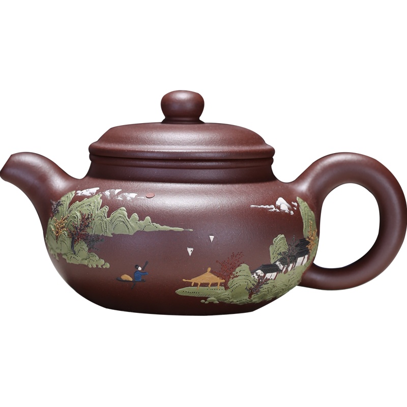 泥绘仿古宜兴紫砂壶名家陈顺根纯全手工原矿底槽青家用泡茶壶保真 原矿底槽青 手工彩绘 高工手制