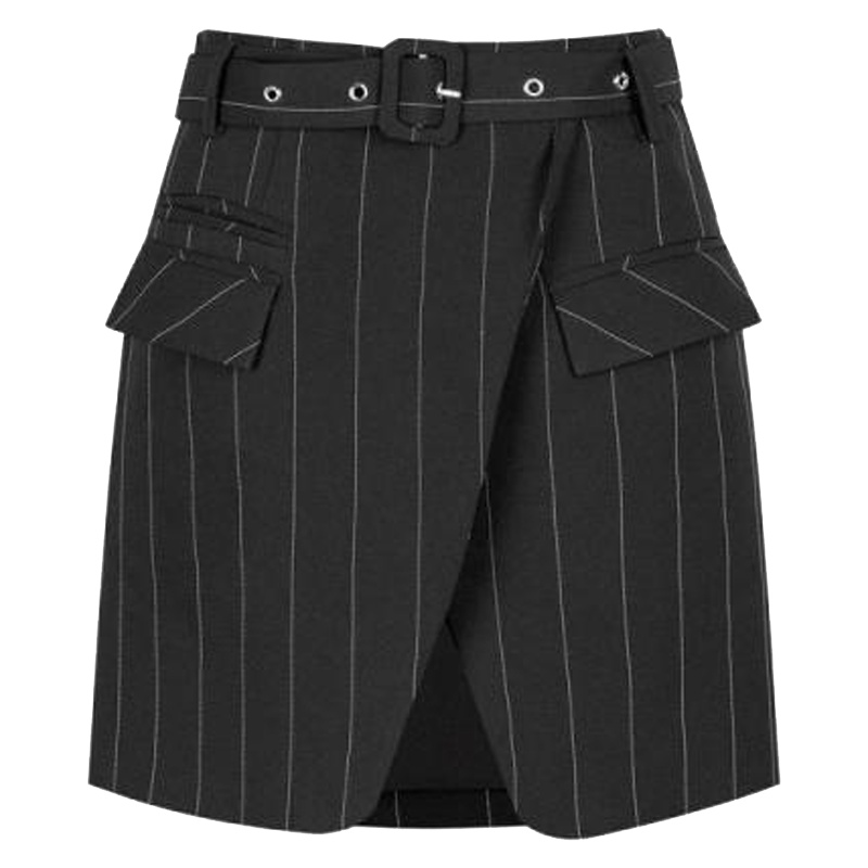 【专柜同款】新款拉夏贝尔韩版短款半身裙夏女正面开叉细条纹休闲百搭裙子女半截裙2T000639_995