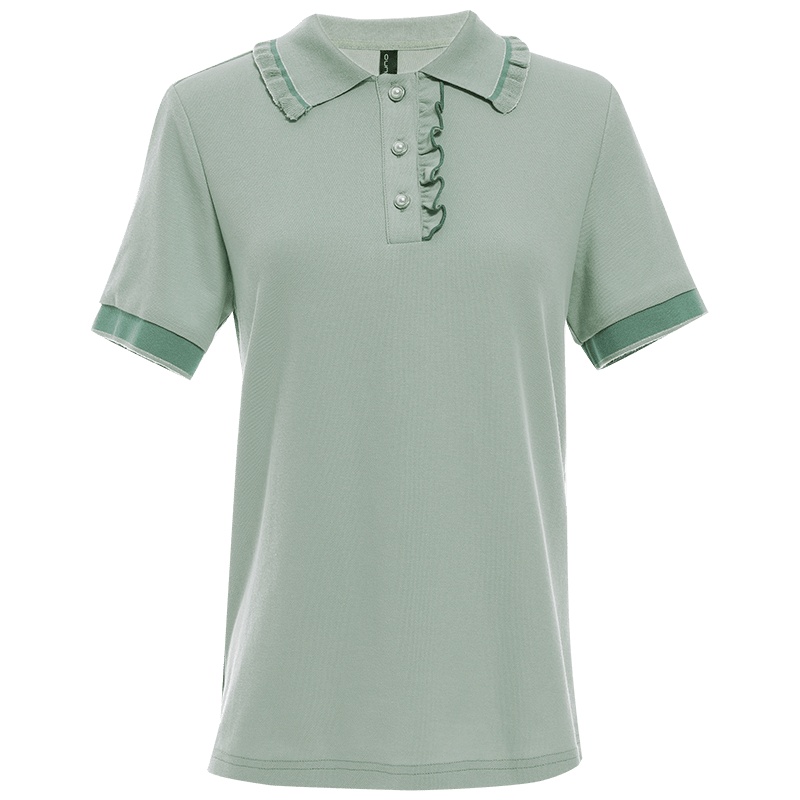 欧昵雪休闲木耳边拼接Polo衫显瘦短袖T恤女撞色上衣