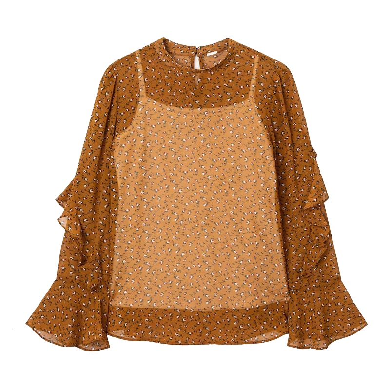 【专柜同款】拉夏贝尔秋冬新款复古修身显瘦优雅荷叶边碎花雪纺衫女1T000692