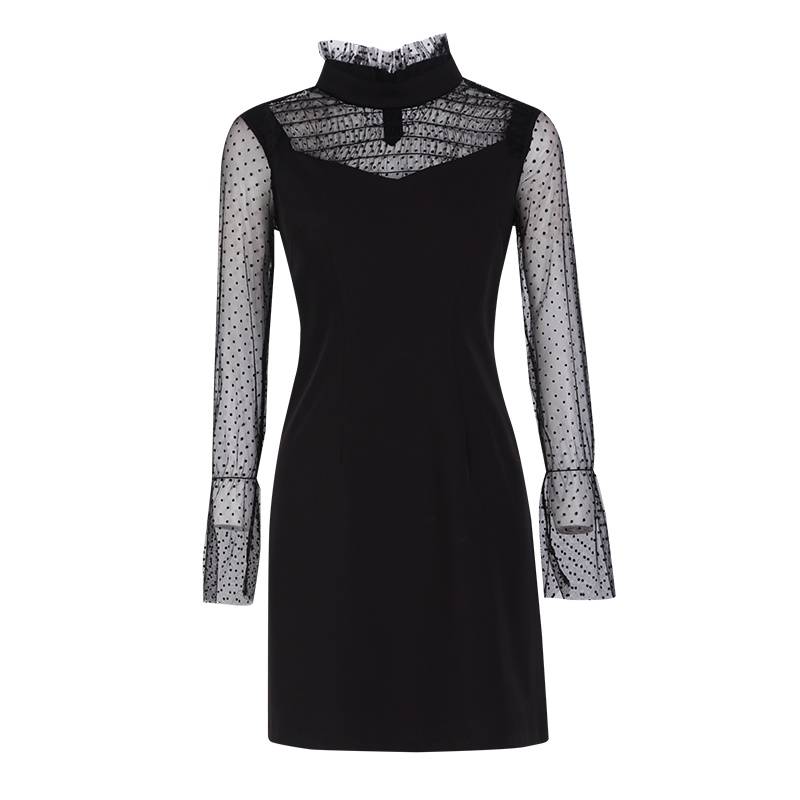 晚白2019夏秋新品时尚气质优雅微透长袖收腰显瘦包臀裙连衣裙女