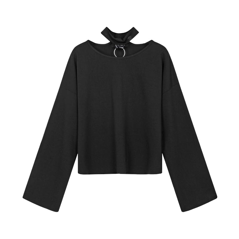 【专柜同款】黑色圆领套头T恤女挂脖2018春装新款韩版学生百搭宽松长袖上衣20011760