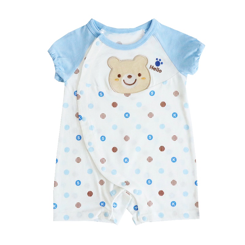 安笛贝乐童装婴儿男童短袖短裤连体衣纯棉汗布薄款夏斜襟按扣蓝色印花哈衣半袖宝宝衣服59-73cm