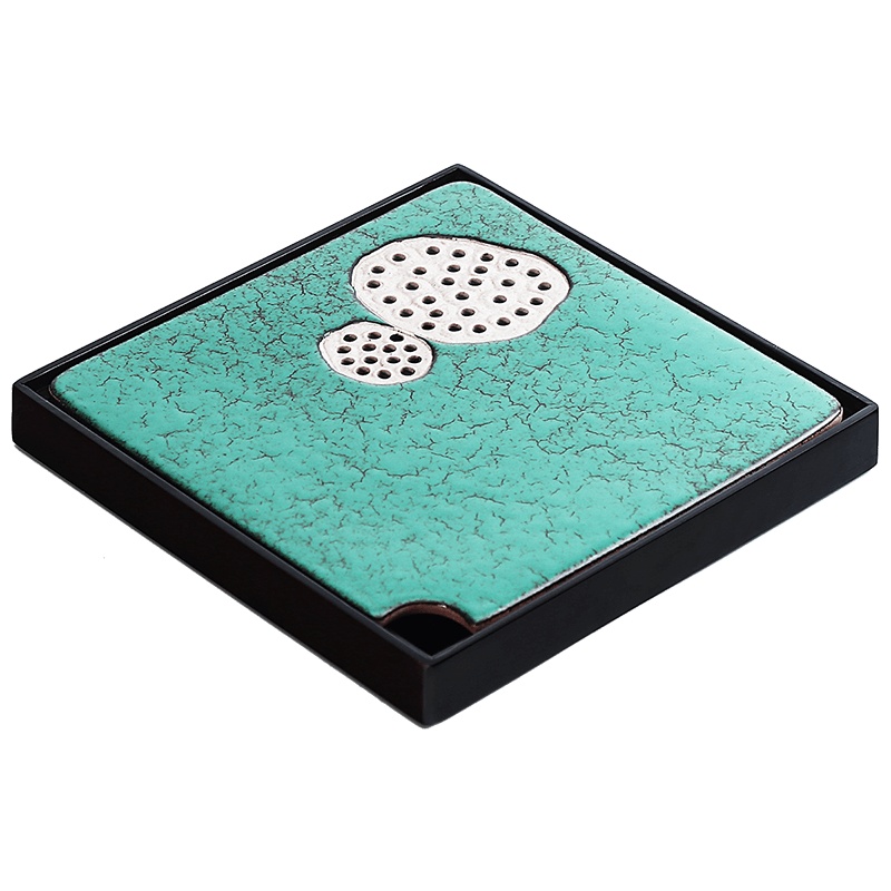 領藝 日式陶瓷干泡茶盘小号禅意正方茶台家用功夫实木茶海 不含茶具 绿松莲蓬24.5x24.5干泡盘