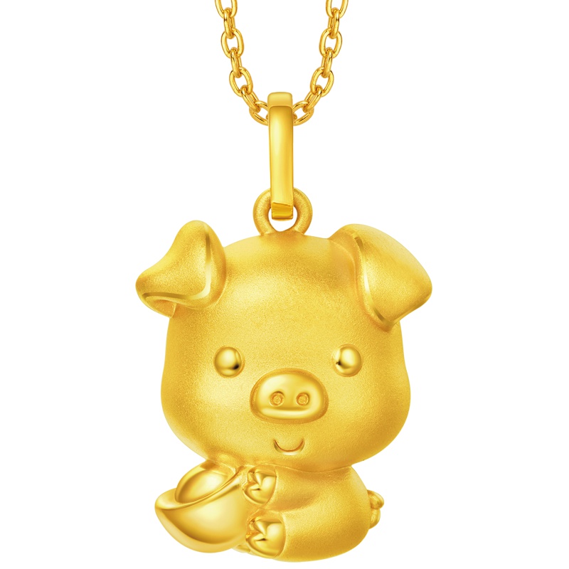 周大福十二生肖猪抱元宝猪足金黄金吊坠R21602