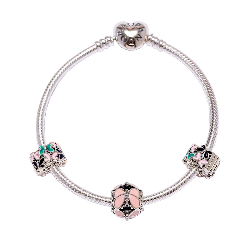 PANDORA潘多拉 粉色蝶群蝴蝶环绕 925银成品套装手链
