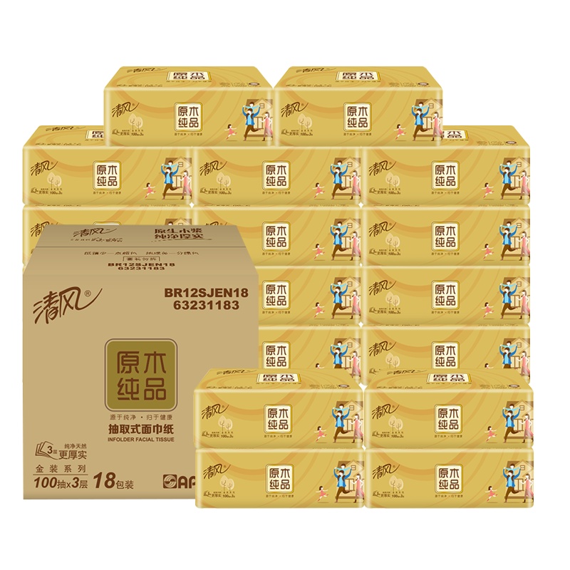 清风 抽纸 原木纯品金装系列 3层100抽27包 面巾纸 擦手纸 餐巾纸