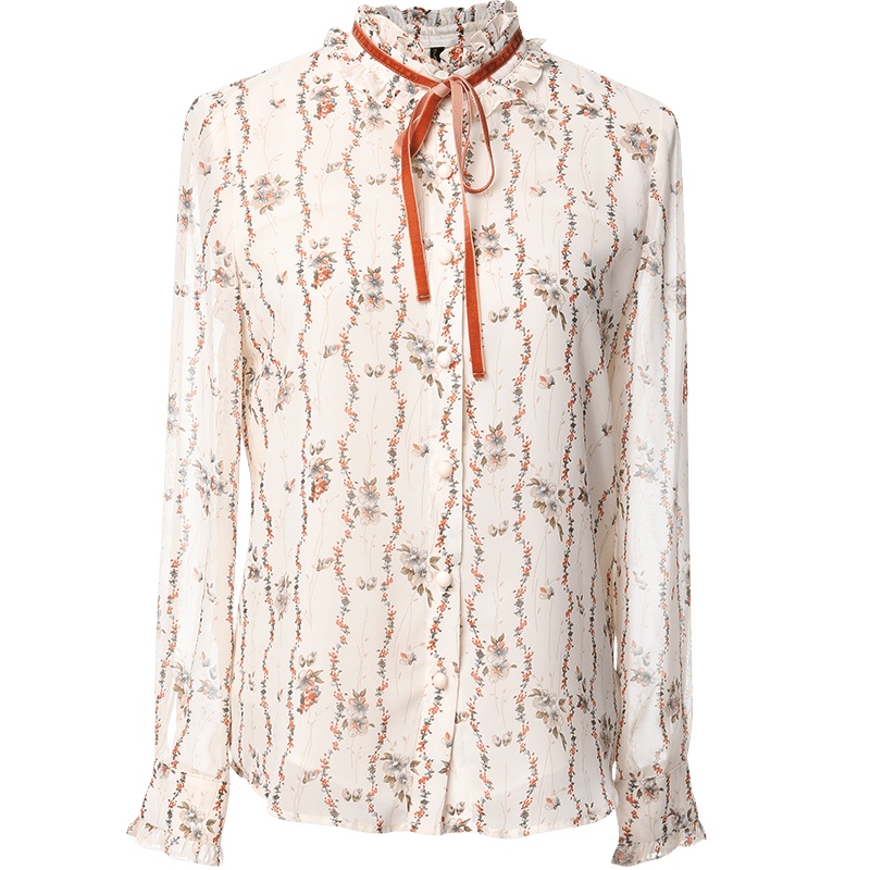 欧昵雪秋装木耳边拼接立领系带碎花雪纺衫上衣女雪纺衬衫