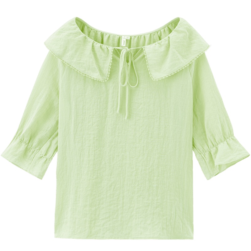 茵曼衬衣2019秋装新款荷叶边系带浅绿色衬衫女小清新喇叭中袖上衣