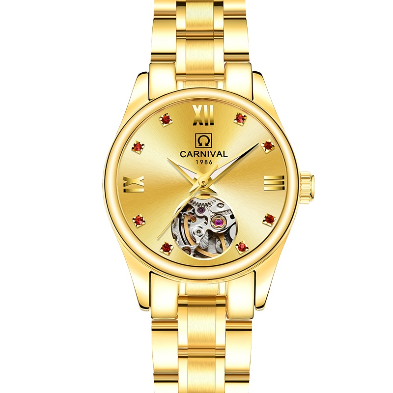 瑞士嘉年华Carnival女士全自动机械表 女表防水金色女士手表休闲时尚潮流镂空金属钢带手表正品腕表8789L