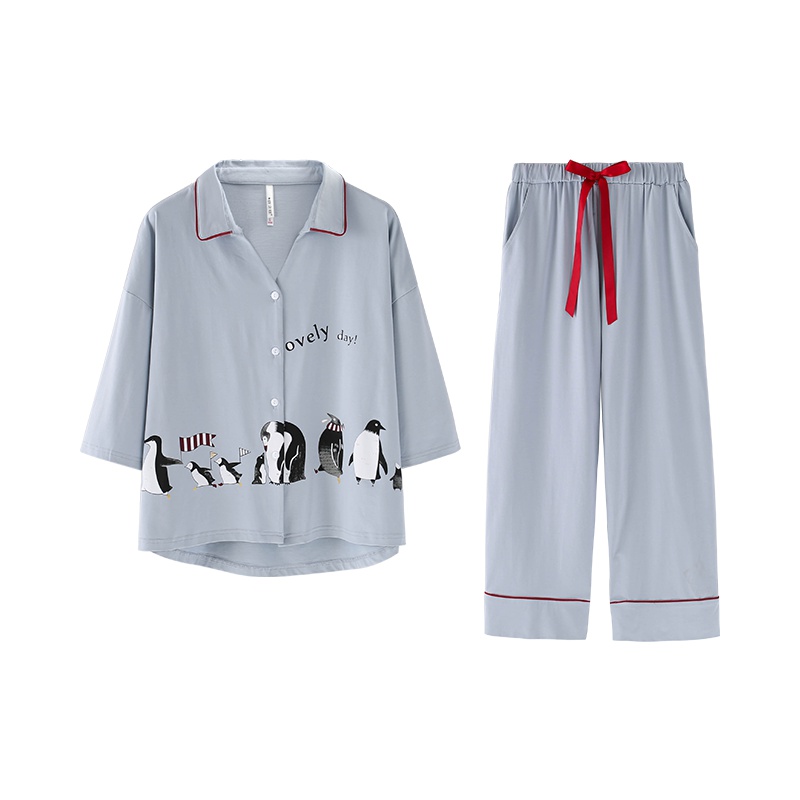 安之伴春季睡衣女棉质开衫七分袖韩版卡通可爱宽松休闲家居服