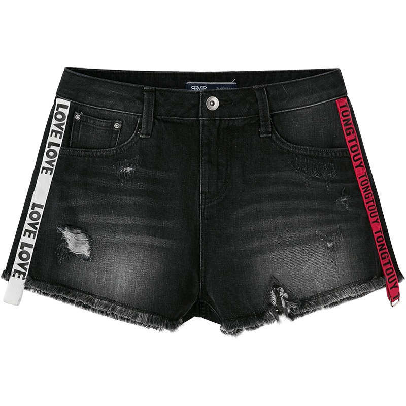 【领198-100券再购】森马高腰短裤网红裤子女夏牛仔短裤女潮织带热裤破洞毛边