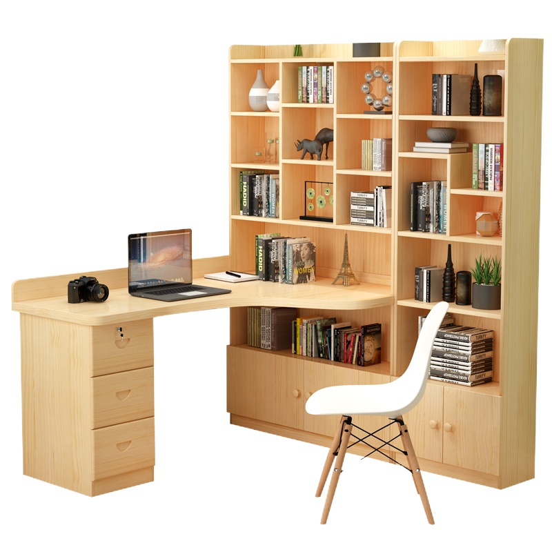 鑫环境 家用实木电脑书柜一体桌家用电脑台式桌转角电脑桌简约书柜书桌一体书架组合卧室写字桌子发货1