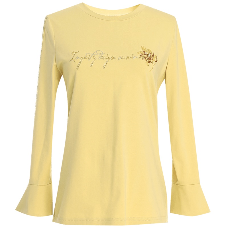 欧昵雪圆领拼接开叉喇叭袖T恤女字母绣花七分袖上衣