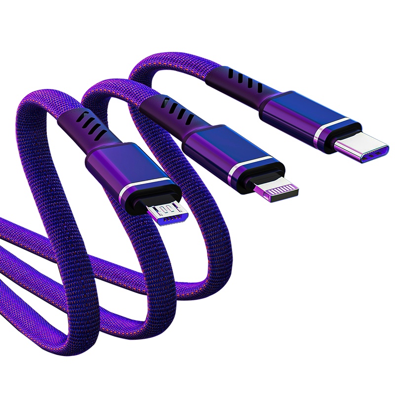 晶华 三合一数据线 5A快充充电器线苹果/Type-c/安卓手机iPhone华为小米平板车载一拖三电源线蓝黑色U366D