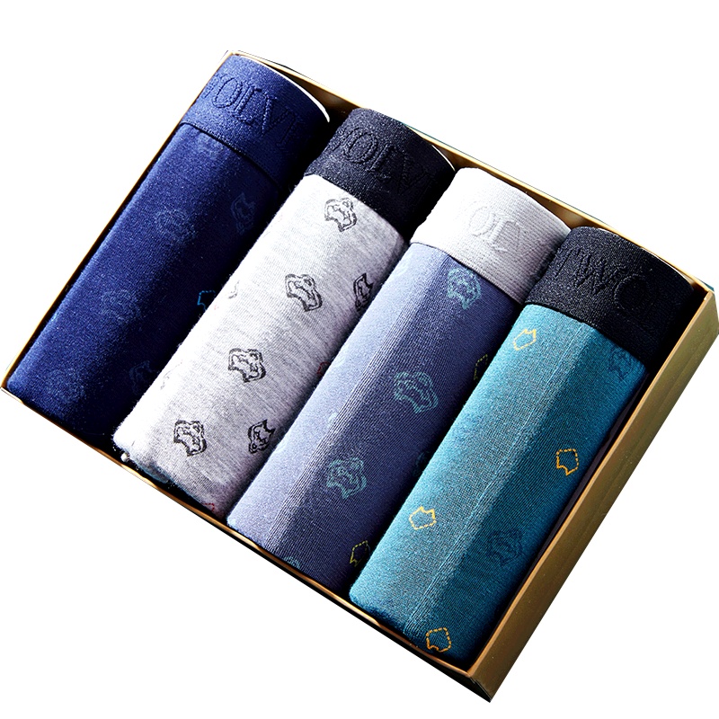 七匹狼 | 4条装明筋印花兰精粘纤印花中腰平角裤男士内裤