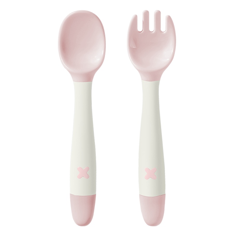 babycare宝宝学吃饭训练勺子弯头叉勺套装婴儿辅食勺弯曲儿童餐具-珀尔里粉