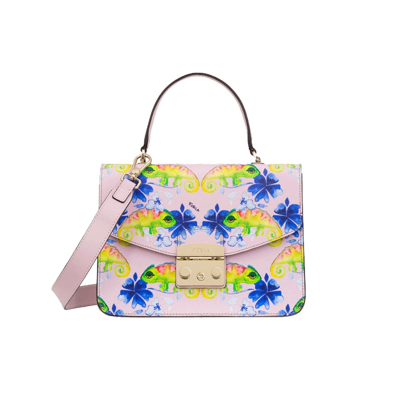 FURLA/芙拉METROPOLIS系列 S号 粉色印花变色龙手提斜跨链条包