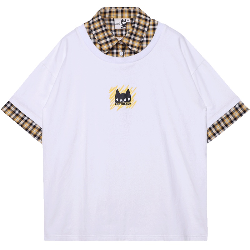 a02新款2020时尚格子拼接翻领宽松T恤假两件上衣DTV2D0931KT