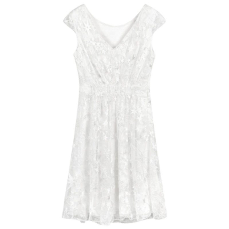 【专柜同款】拉贝缇夏季女韩版小清新气质蕾丝高腰网纱裙连衣裙60006466 米白 S