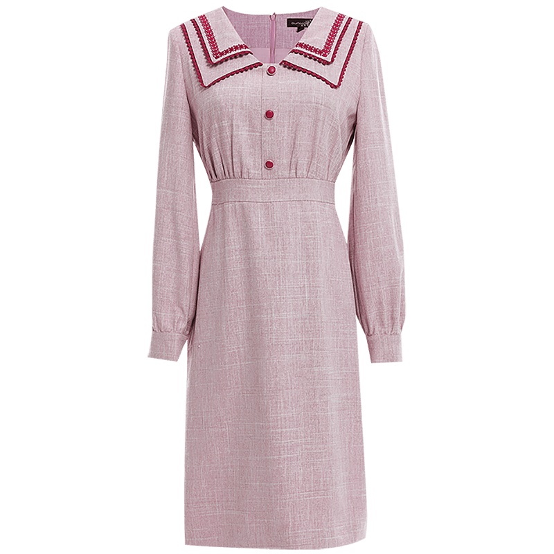 欧昵雪双层翻领衬衫袖显瘦气质长袖高腰连衣裙女中裙