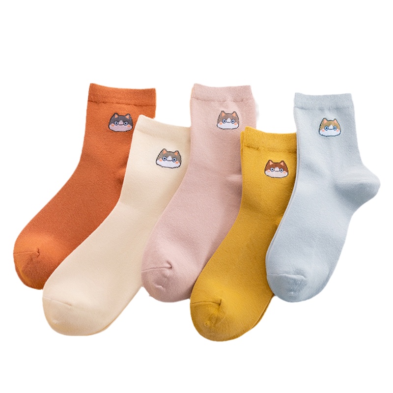 猫人女士袜子中筒袜女袜纯色棉质小猫提花休闲运动女式长袜5双装