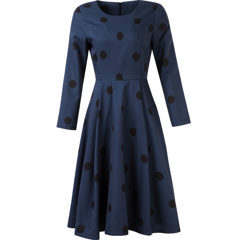 晚白2020秋季新品时尚修身简约波点印花A字裙中长款长袖连衣裙女