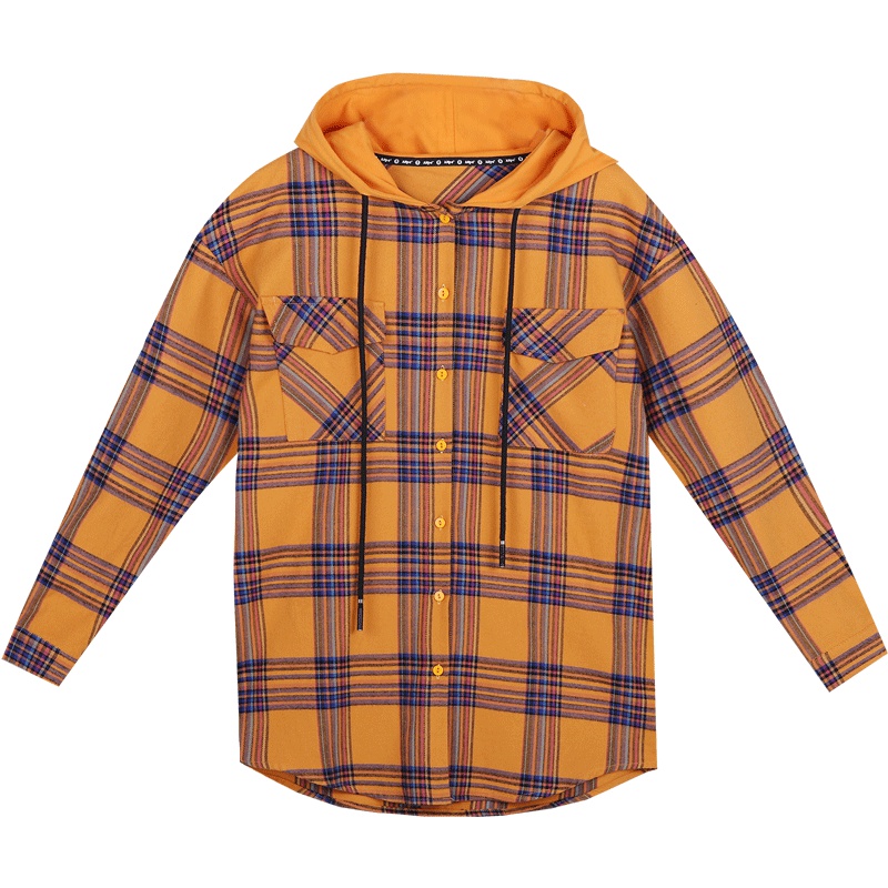 2019新款全棉港风休闲衬衫中长款薄款格子衫防晒外套女夏连帽上衣