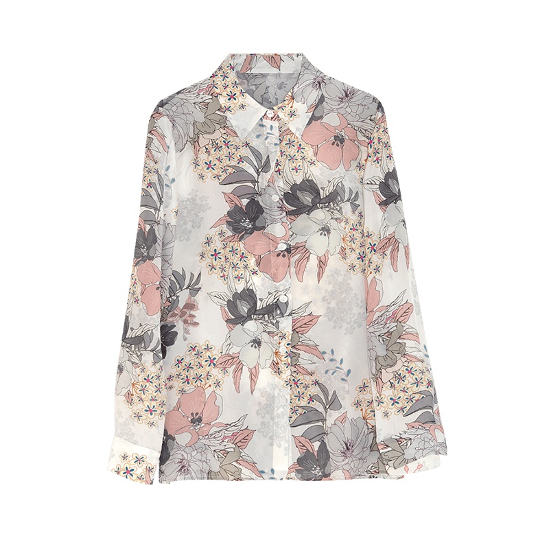 金菊2020新款真丝翻领印花长袖开衫宽松显瘦桑蚕丝上衣女