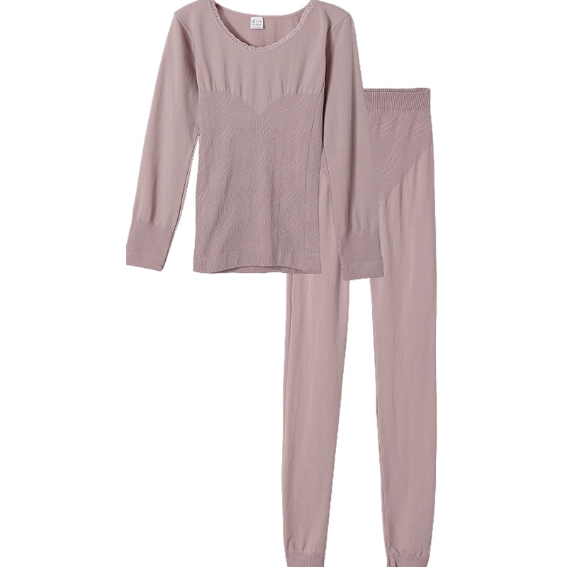 红豆居家内衣套装保暖收腰贴身蕾丝大领型女士修身美体内衣两件套