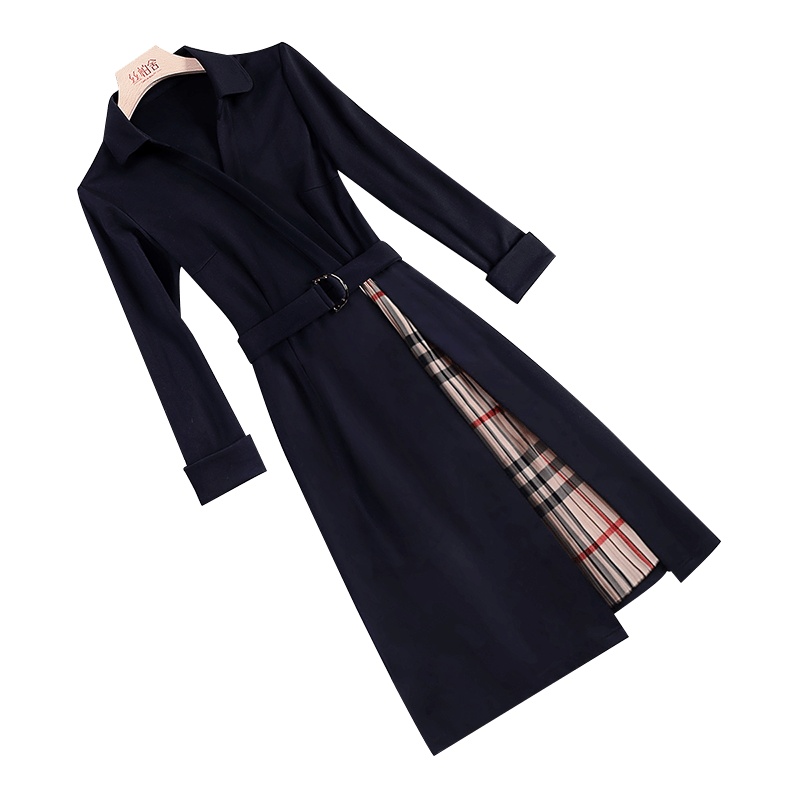 丝柏舍2020冬潮流时尚女士翻领长袖修身撞色压褶拼接连衣裙S03R4784L