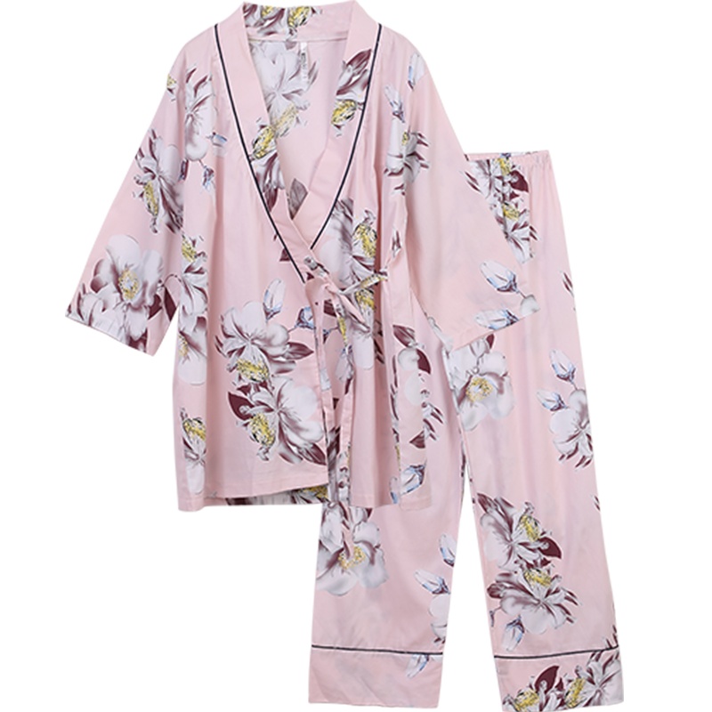 红豆居家(Hodohome)女士睡衣日式和服居家服花卉印花系带式中袖长裤甜美系可外穿家居服
