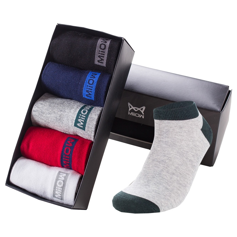 猫人时尚休闲提花男船袜5双装
