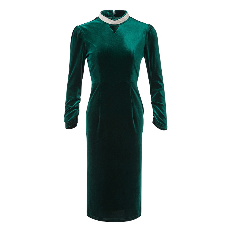 晚白2020冬季新品修身显瘦立领抽褶袖纯色包臀裙丝绒打底连衣裙女