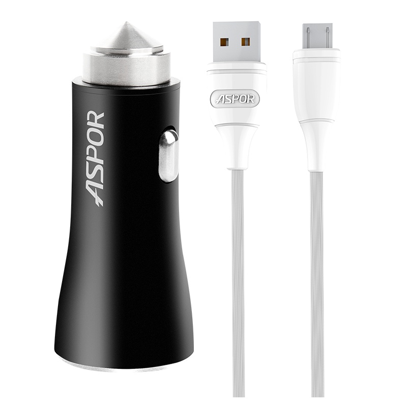 ASPOR A918 MICRO 车载充电器3.4A 2合1组合配MICRO 数据线车充带灯2USB 黑色