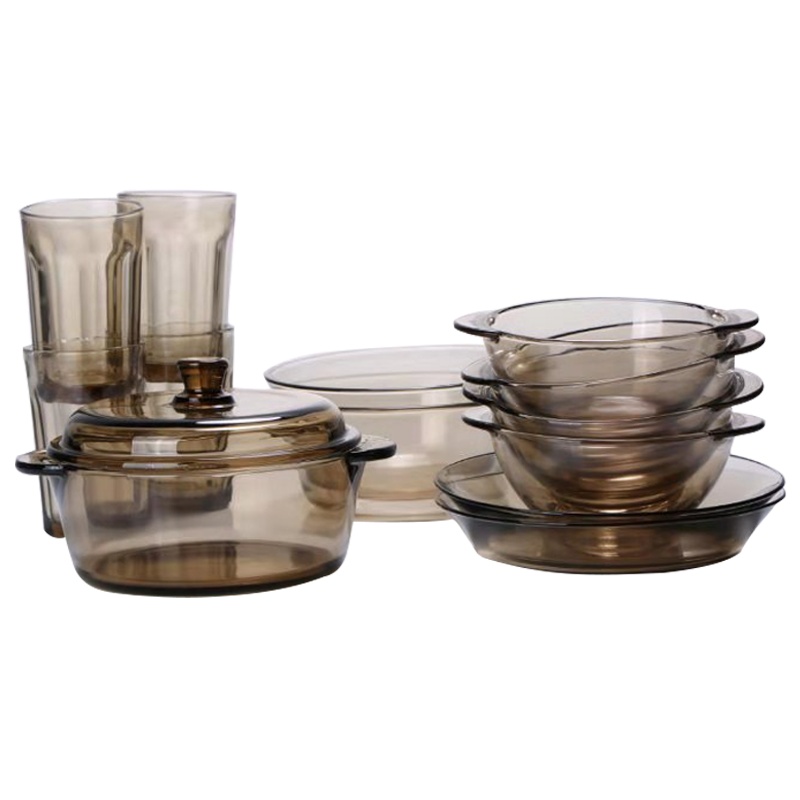 青苹果法式钢化玻璃餐具套装13件套 餐盘沙拉碗 水果碗碟盘玻璃煲碗碟套装