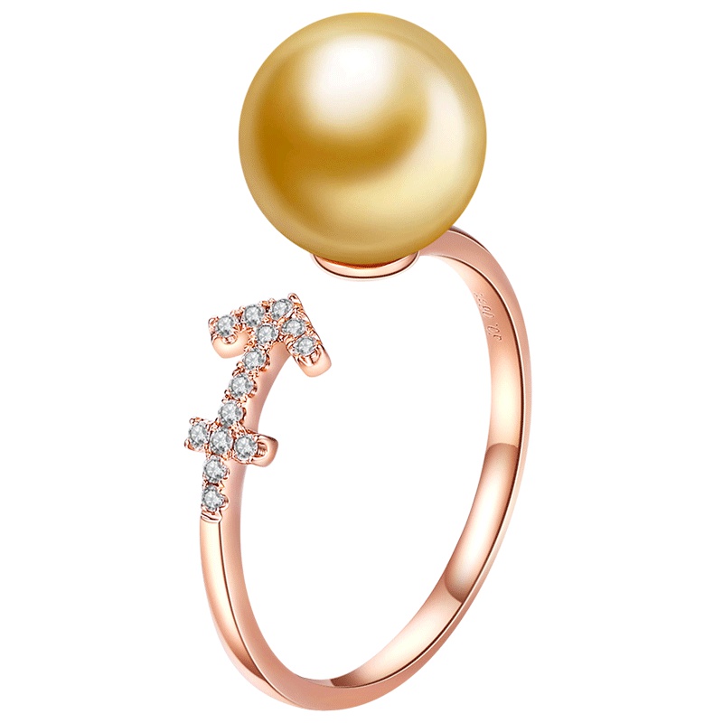 brir 佰色传情 珍珠戒指 9-10MM正圆南洋金珠18k金钻石海水珍珠开口戒指