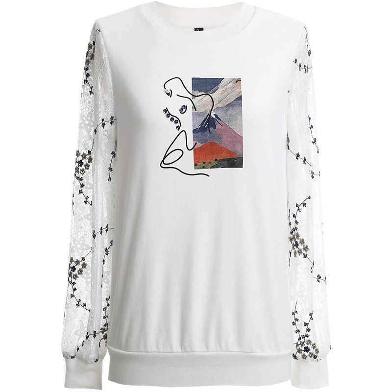 OUNIXUE欧昵雪 | [撞料拼接上衣]文艺油画感烫图拼接花卉蕾丝长袖卫衣女