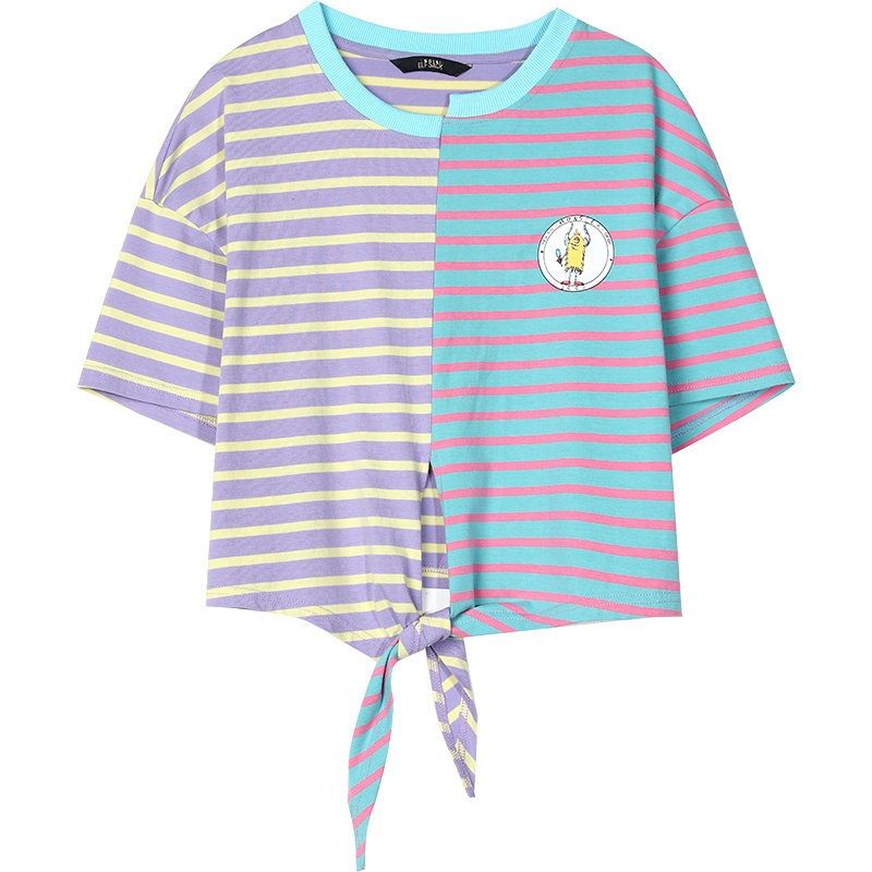 妖精的口袋不对称系带短袖T恤女2020夏季新款条纹印花宽松上衣潮