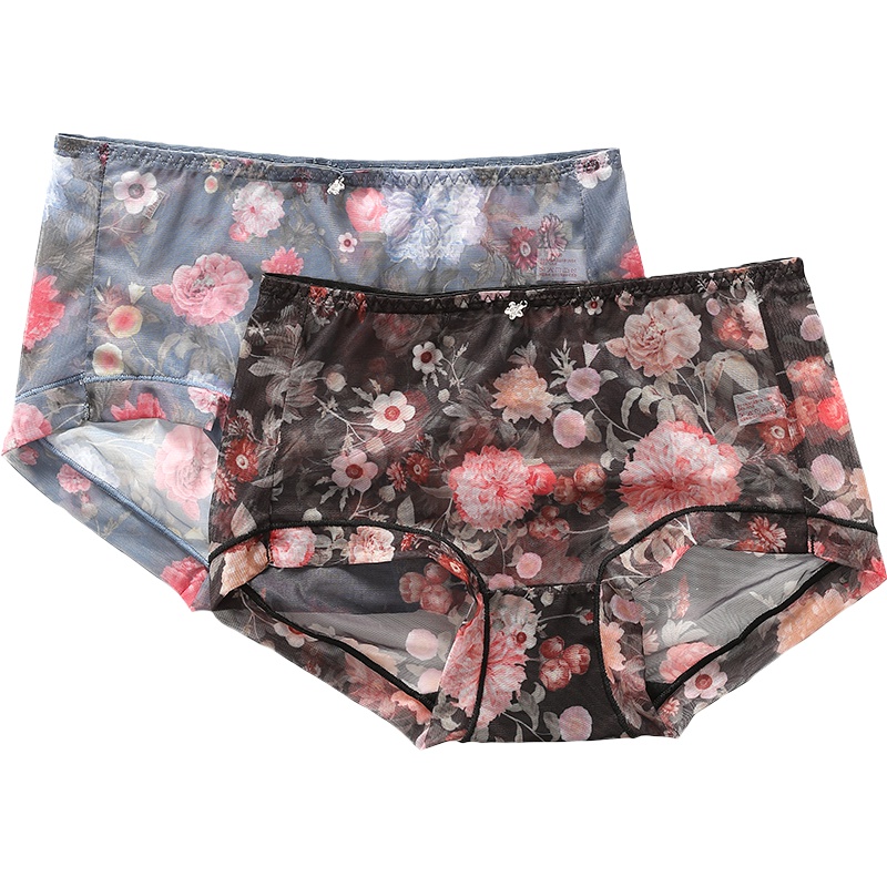 红豆居家(Hodohome)新款女士中腰性感网纱蕾丝无痕内裤两条装