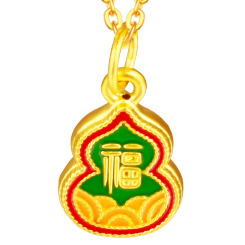 黄金码头足金999福字葫芦双面可戴吊坠3D硬金烧蓝坠子出生宝宝生日礼物