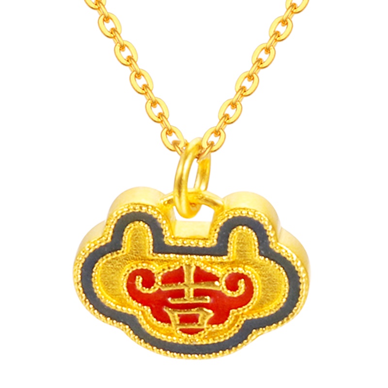 黄金码头足金999古法烧蓝吉字锁包吊坠双面可戴送家人金坠子礼物