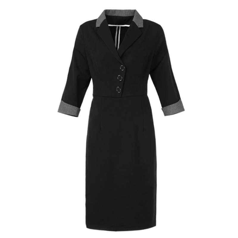 晚白 2020春季新品通勤职业简约西装领修身收腰中长款包臀裙连衣裙女