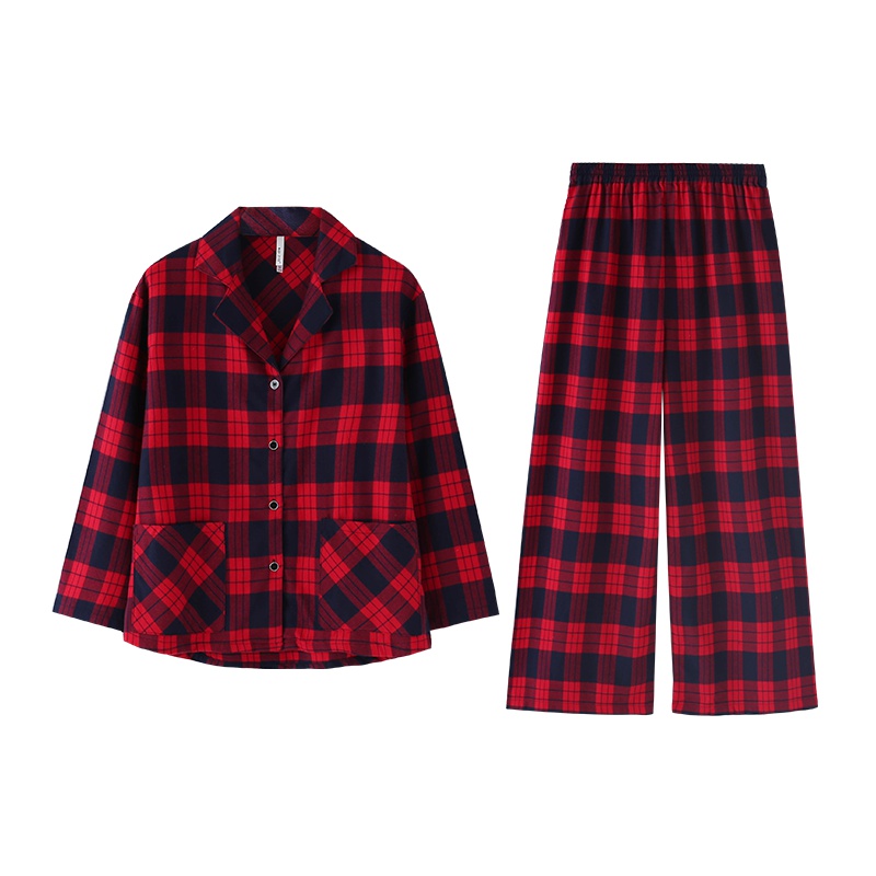 安之伴棉质长袖情侣睡衣女士春简约色织格韩版宽松男士开衫家居服