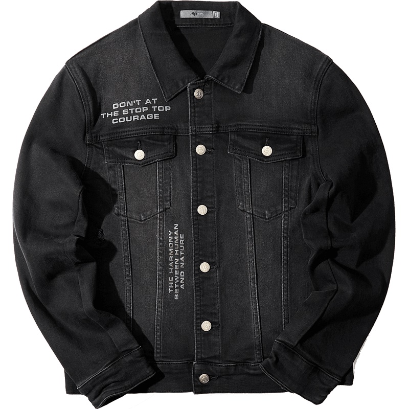黑鲸复古做旧牛仔夹克秋季男装时尚帅气黑色外套男CWNAJ38006A