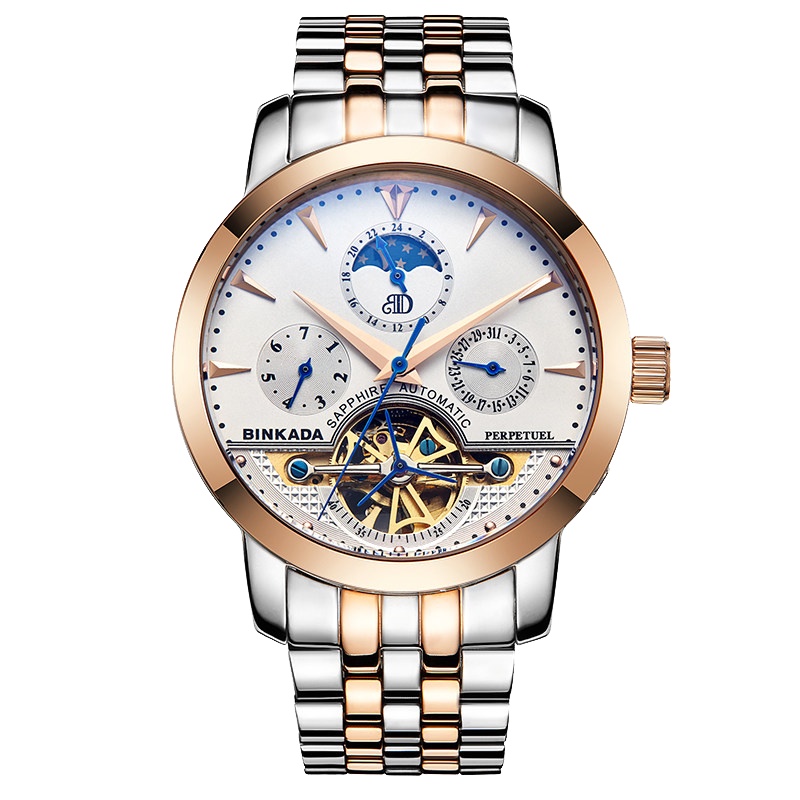 正品宾卡达BINKADA手表男士自动机械表 男钢带时尚镂空防水陀飞轮男表腕表7056S皮带间金